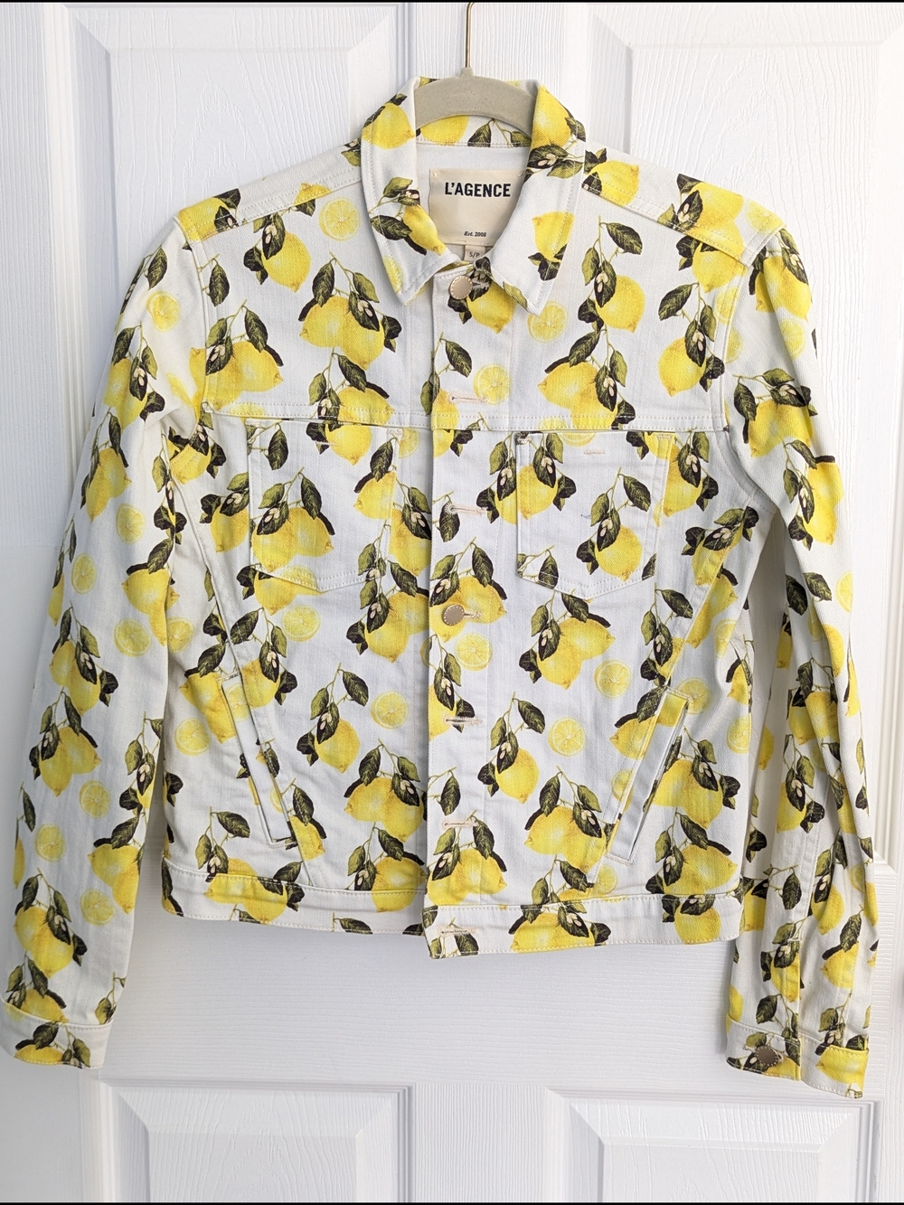 L'AGENCE Celine White Denim Jacket in Yellow Lemon Print | Size Small